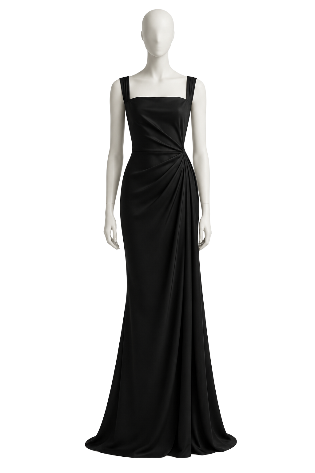 Faceless mannequin wearing a long black formal evening gown